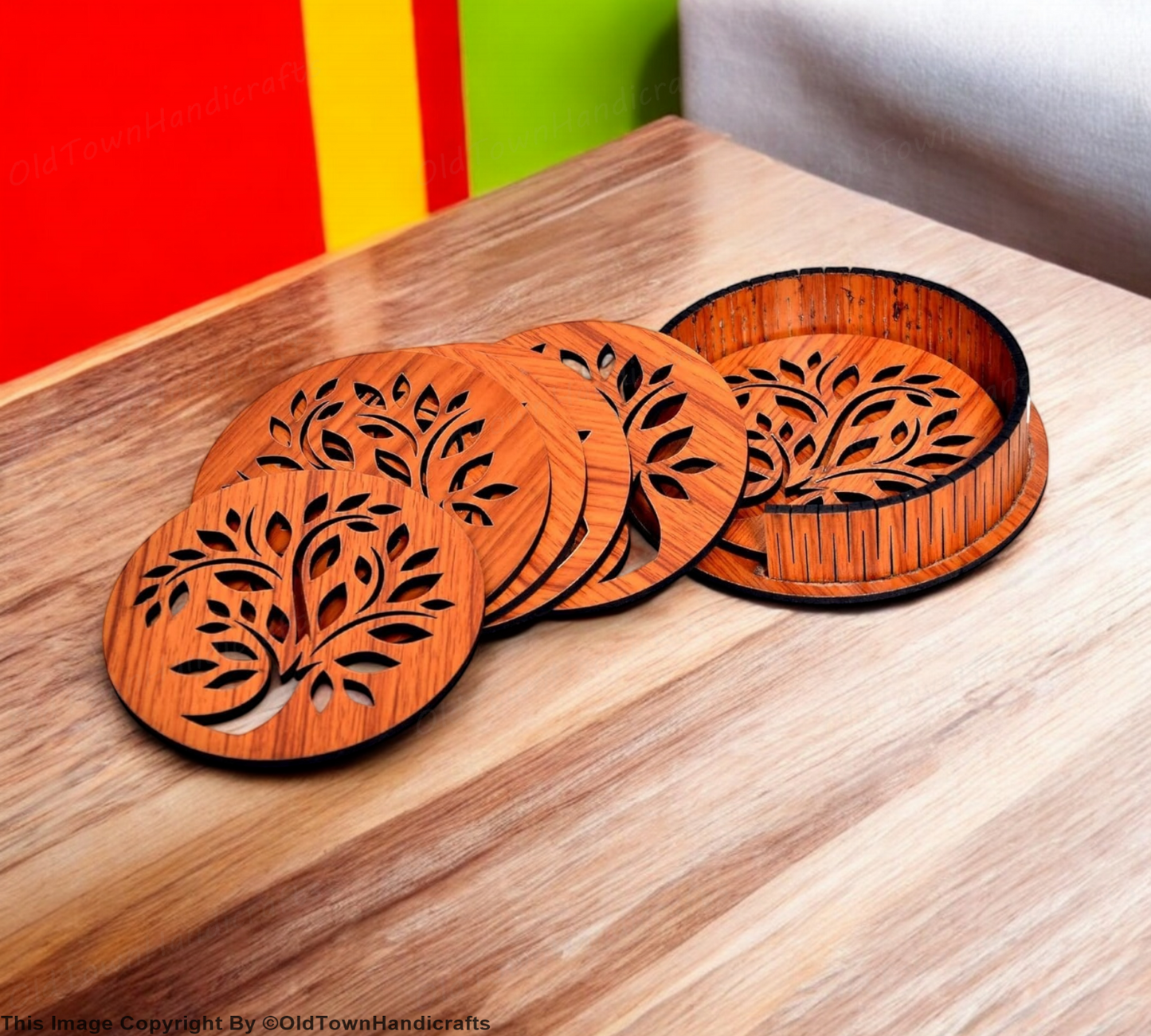 Handcrafted Wooden Tea Coffee Coaster Set of 6 with Stand 3.5" Brown Decor Gift