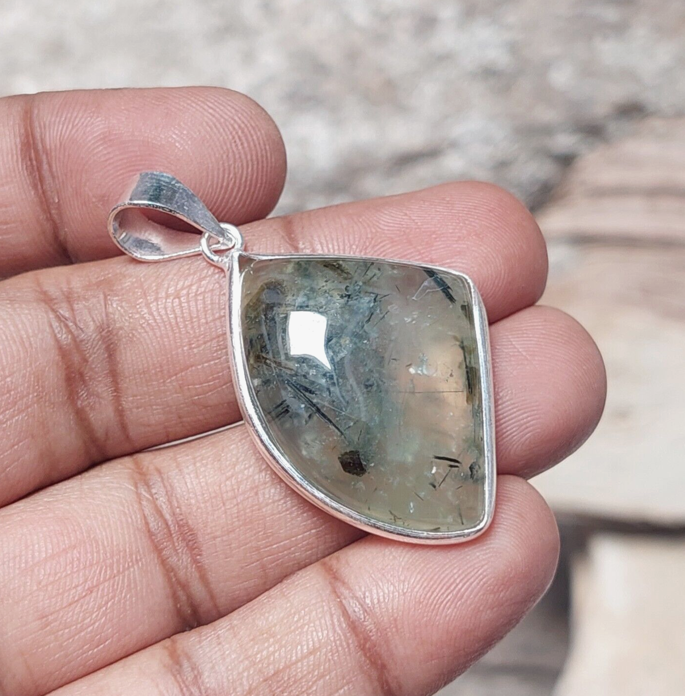 Fancy Shape Prehnite Gemstone 925sterling Silver Handmade Pendant,Christmas Gift