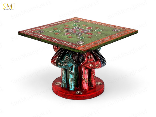 Elephant Top Table Square Teak Wood Elephant Table Hand Painted Elephant Gift