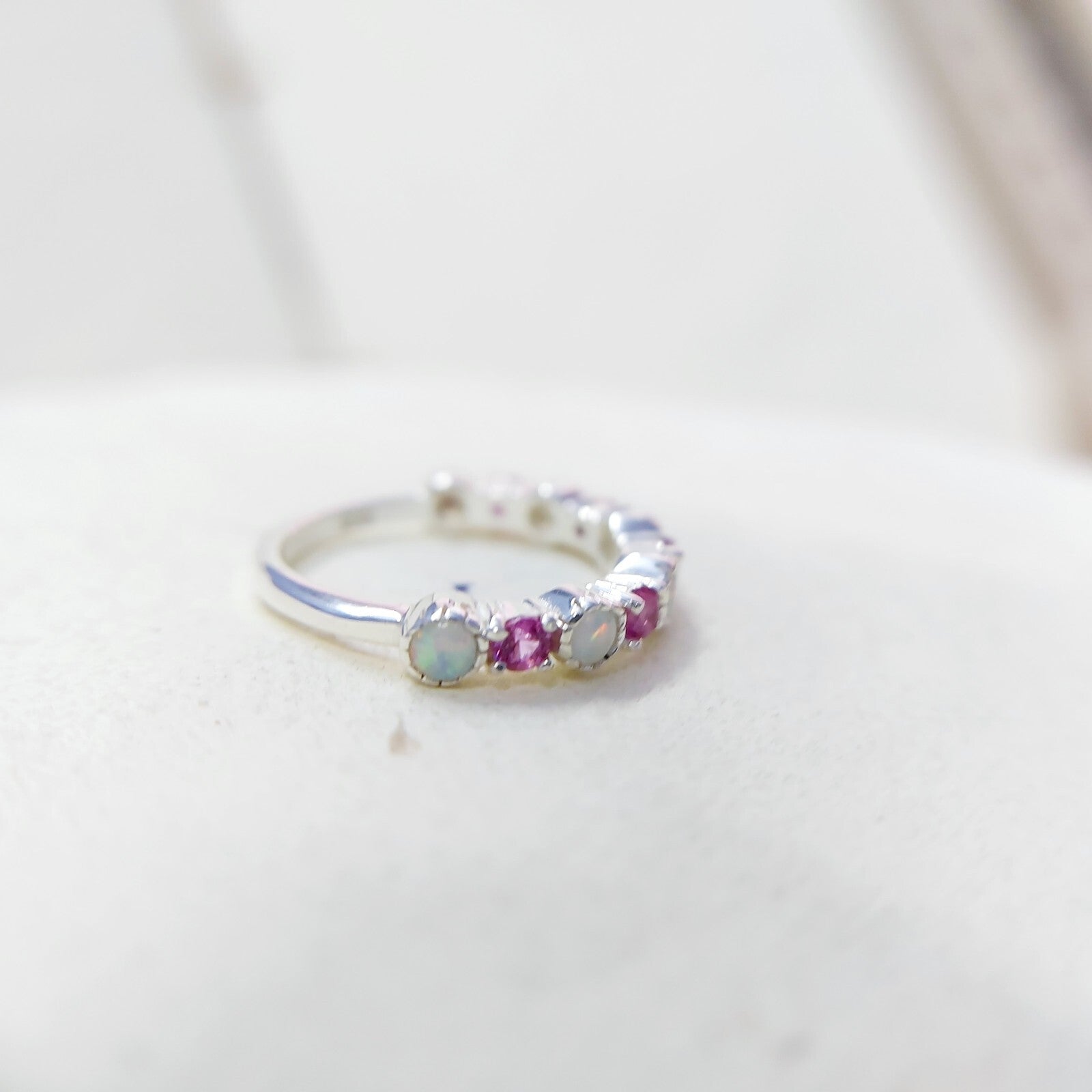 Opal and Ruby Wedding Ring Half Eternity Band Silver Stackable Band Gift Us5~ 15