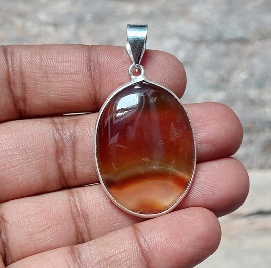 925 Sterling Silver Orange Banded Agate Slice Gemstone Pendant Necklace For Girl