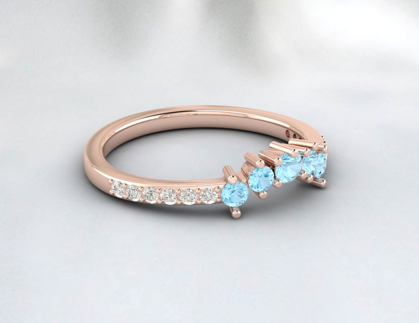 Natural Blue Aquamarine Curved Wedding Band Half Eternity Fine Silver 5 Gemstone
