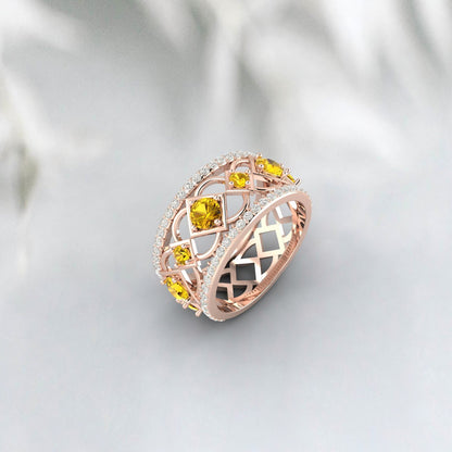 Natural Citrine Ring 925 Sterling Silver Rose Gold Wedding Band For Bride 