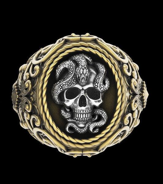 Skull Snake Ring 925 Sterling Silver Gothic Handmade Biker Style Unisex US5~ 15