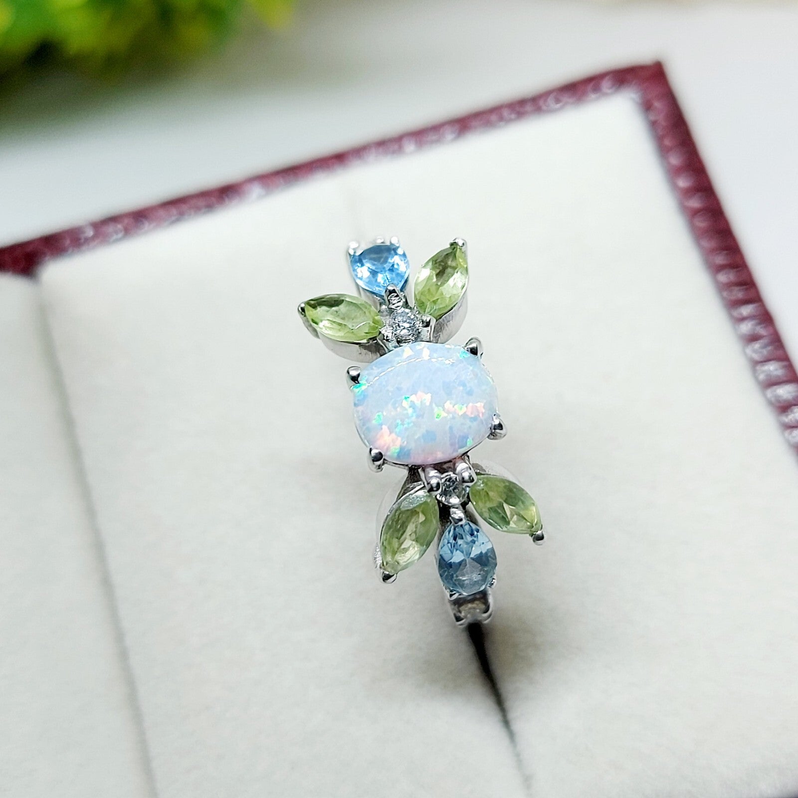 925 Silver Peridot Opal Cluster Ring Oval Cut Opal Promise Wedding Ring US5 ~15
