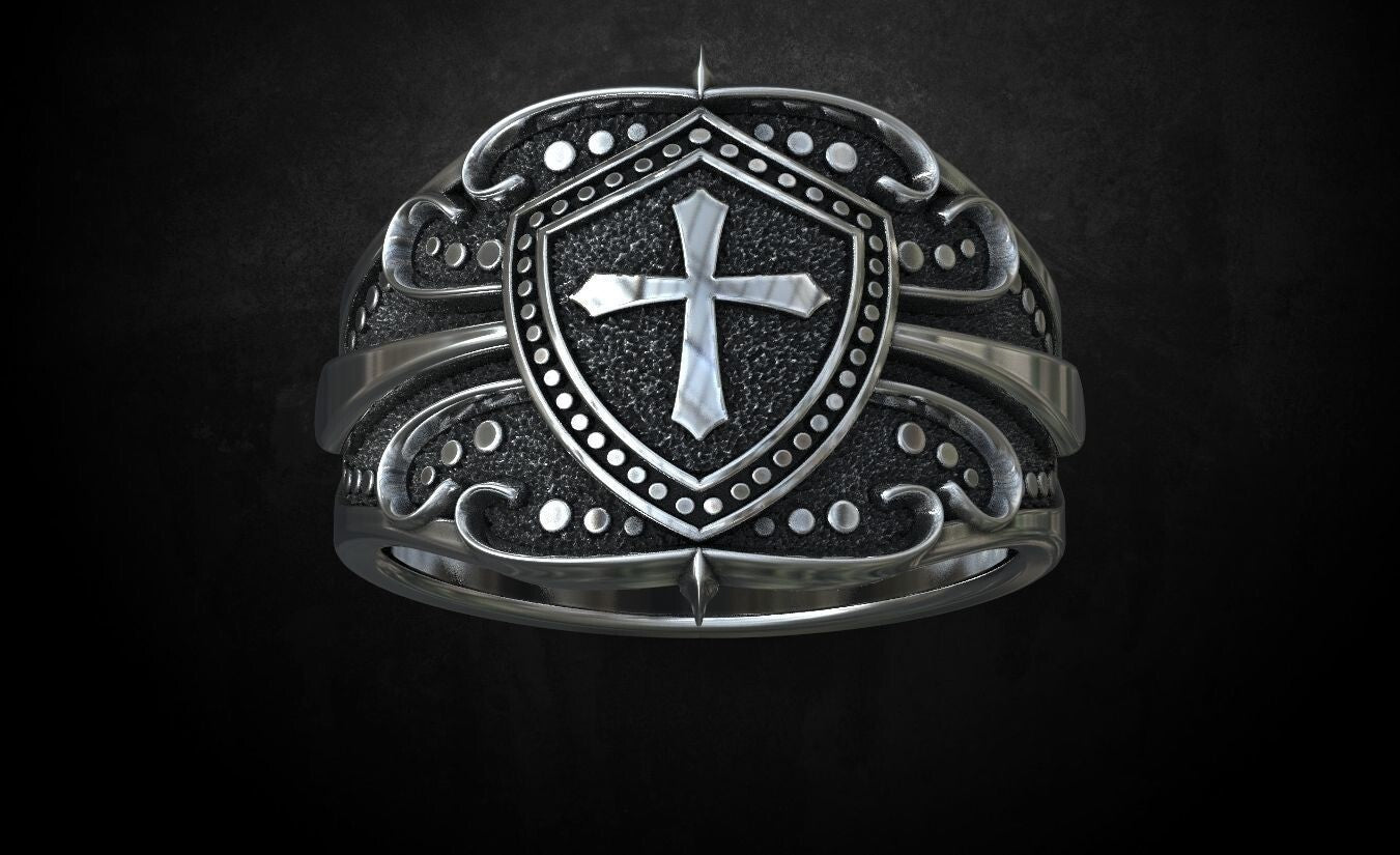 Crusader Shield Ring Silver Cross Religious Jewelry for Him US 7-15 Unisex Gift