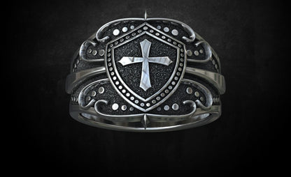 Crusader Shield Ring Silver Cross Religious Jewelry for Him US 7-15 Unisex Gift