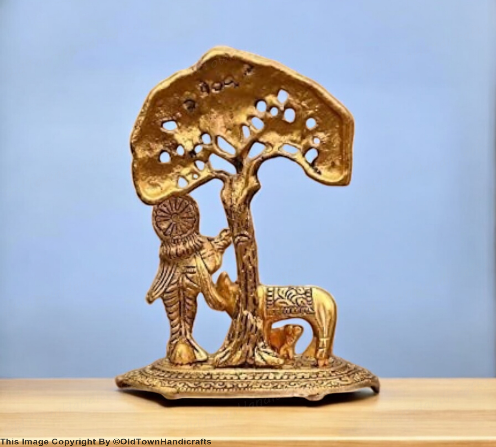 Brass Finish Krishna Idol with Cow Under Tree 6" Statue for Home Office Decor