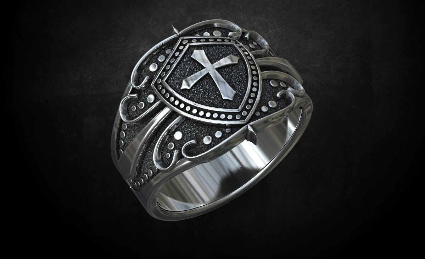 Crusader Shield Ring Silver Cross Religious Jewelry for Him US 7-15 Unisex Gift