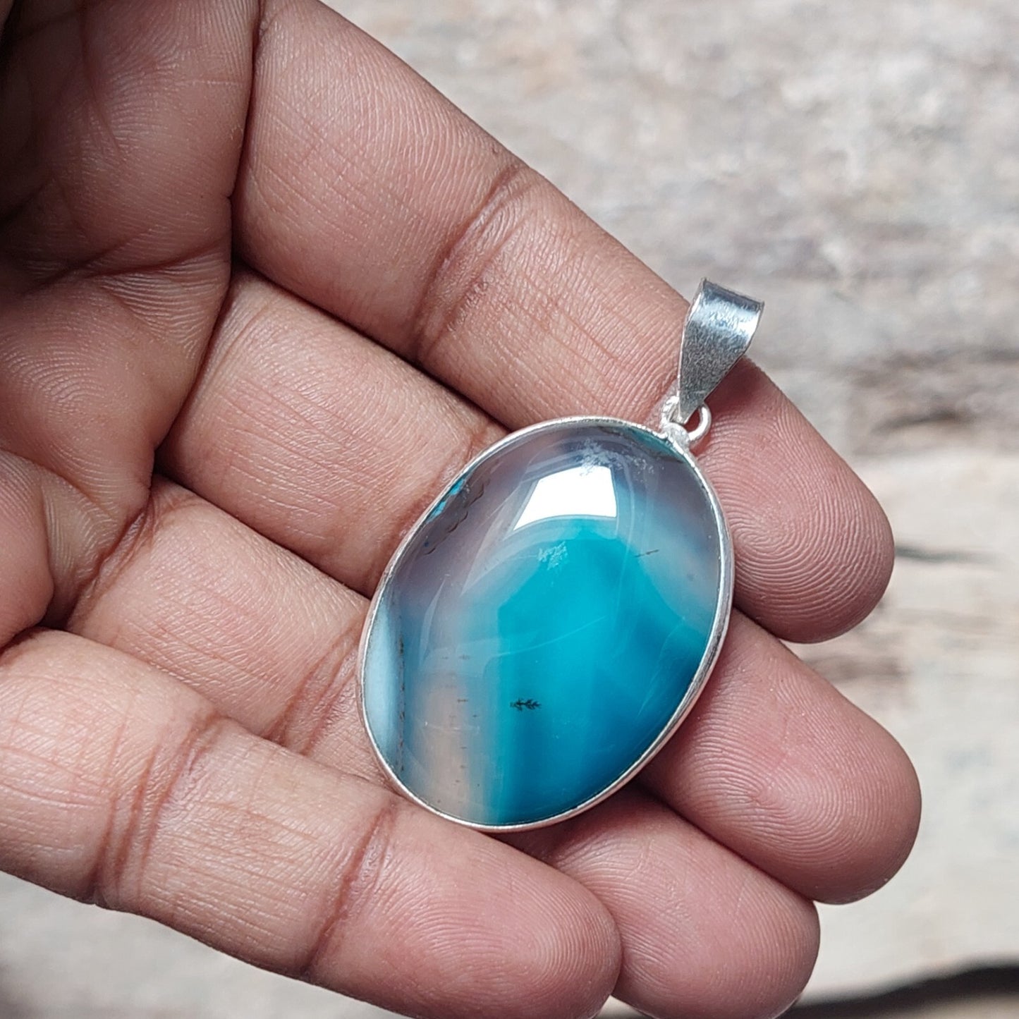 Natural Blue Banded Agate Cabochon Pendant 925 Sterling Silver Jewelry For Women