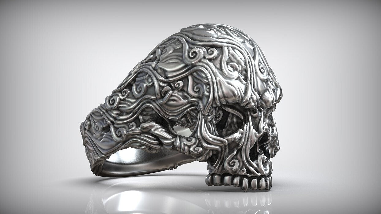 925 Sterling Silver Skull Head Sea Wave Ring US7~13 Oxidized Biker Rider Ring