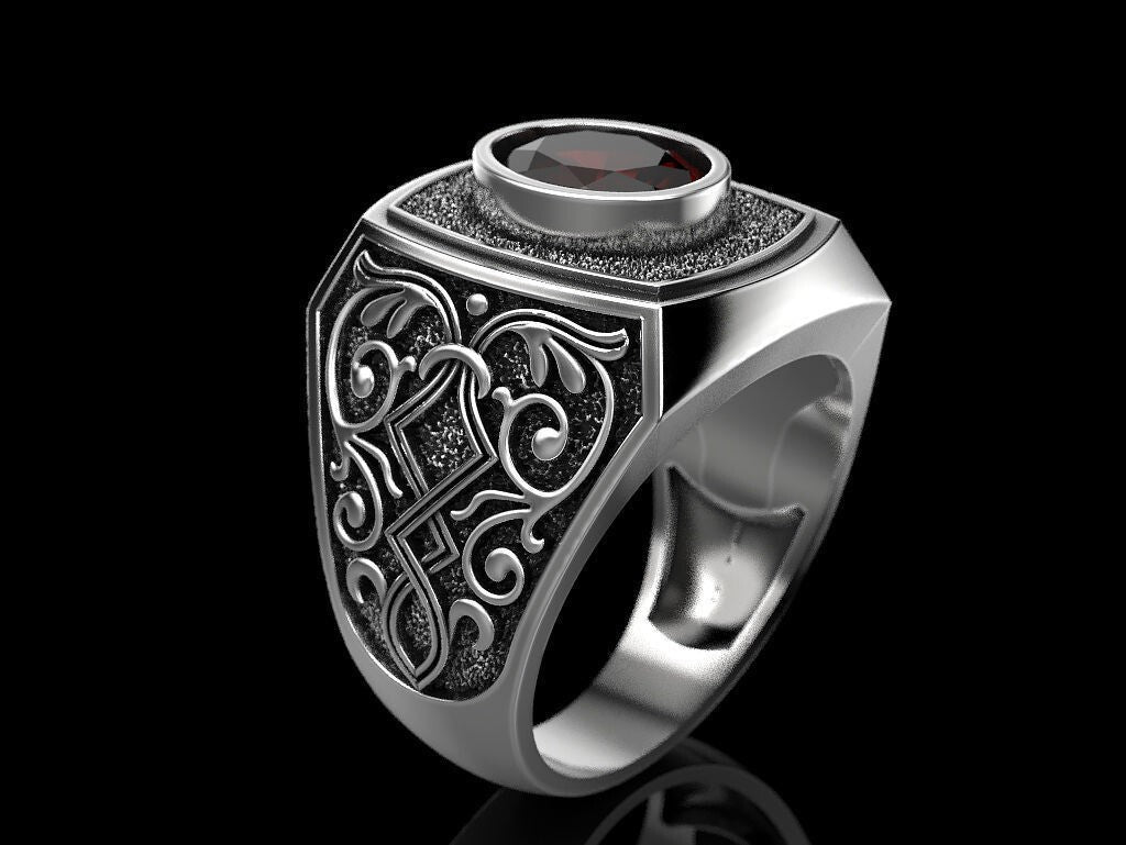 Natural Red Stone Sapphire Gemstone Ring 925 Silver Men Signet Ring Gift US5-15