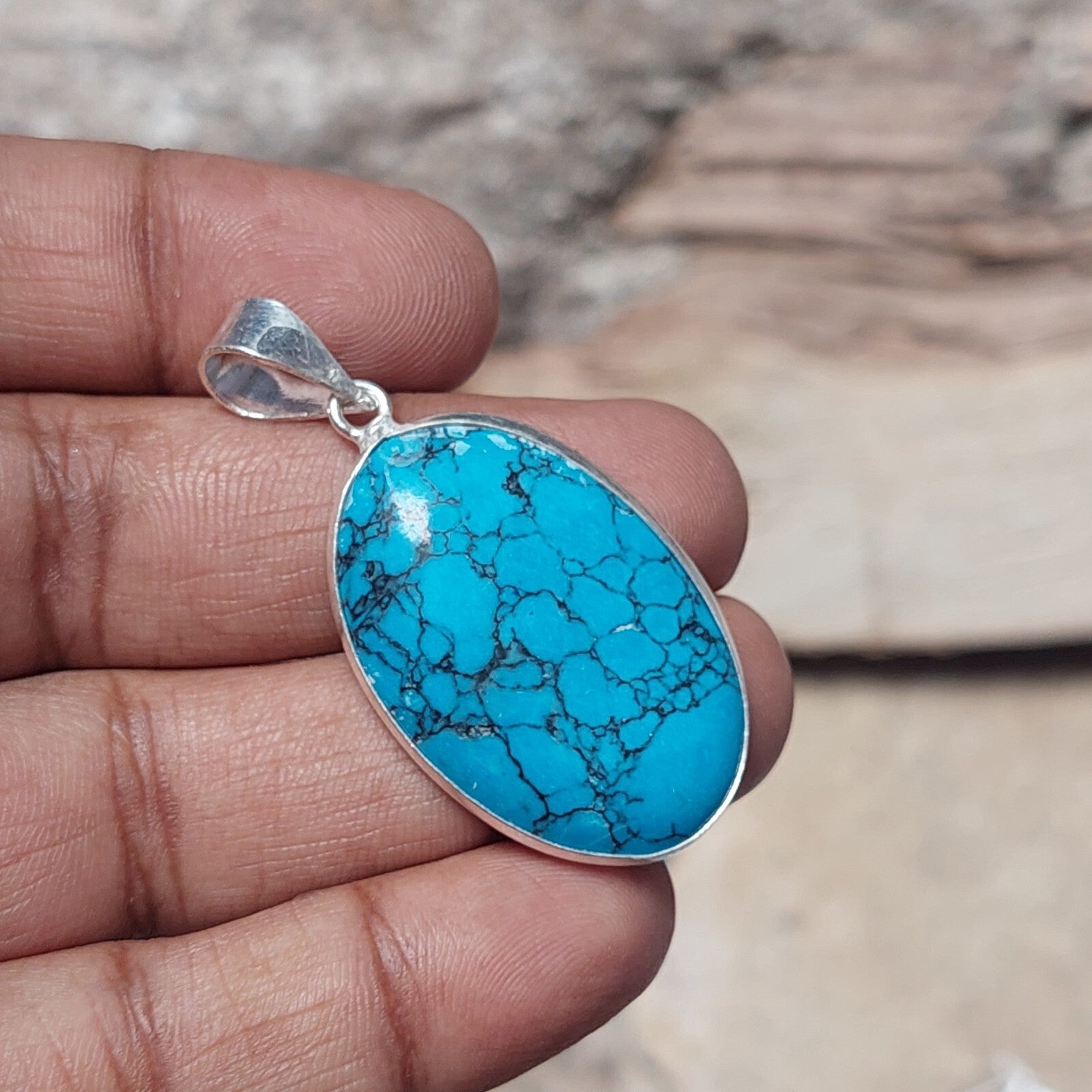 Oval Natural Blue Turquoise Pendant 925 Sterling Silver Handmade Pendant Gift