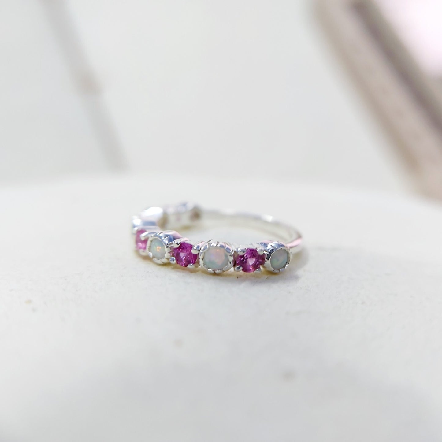 Opal and Ruby Wedding Ring Half Eternity Band Silver Stackable Band Gift Us5~ 15