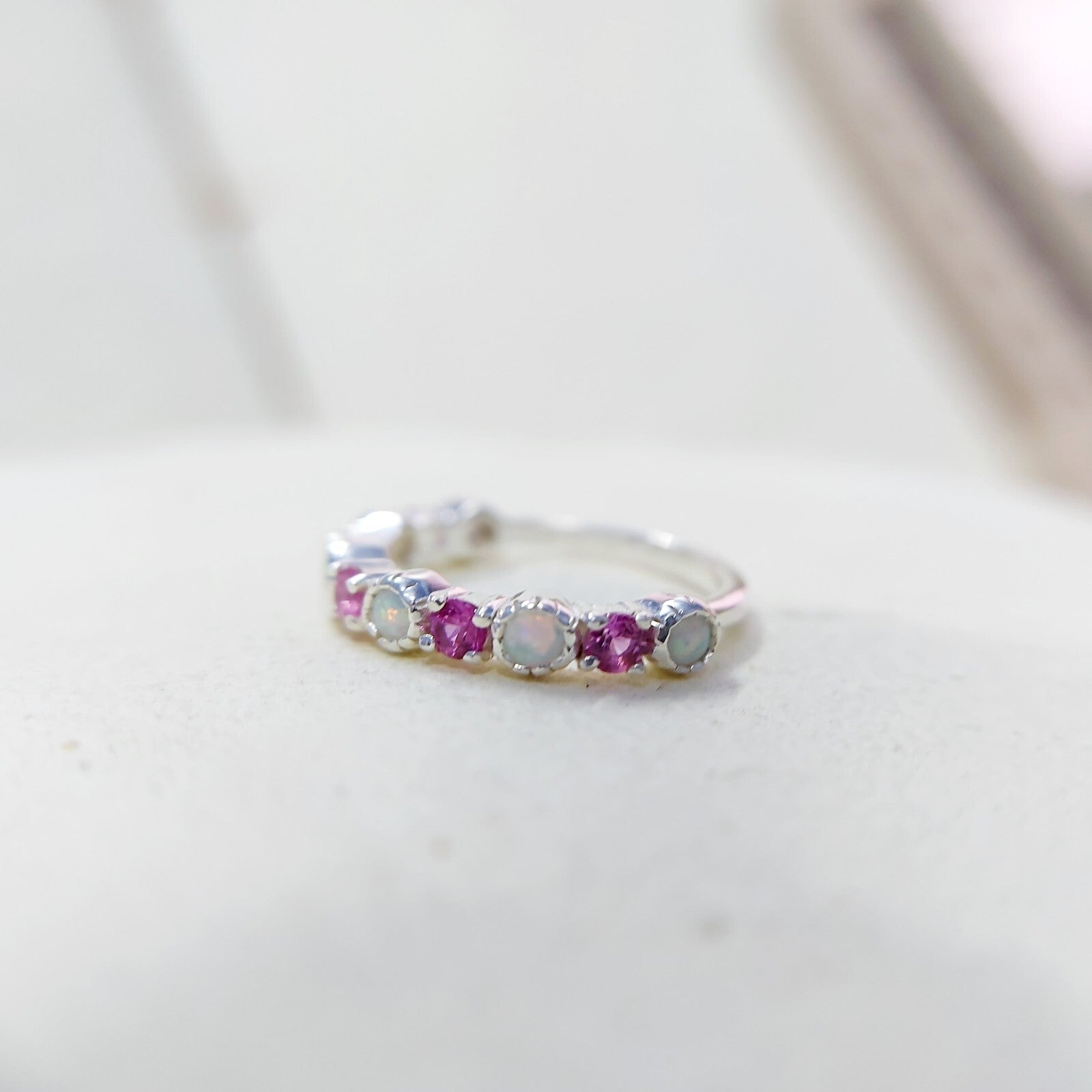 Opal and Ruby Wedding Ring Half Eternity Band Silver Stackable Band Gift Us5~ 15