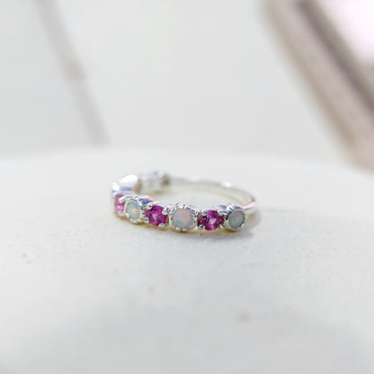 Opal and Ruby Wedding Ring Half Eternity Band Silver Stackable Band Gift Us5~ 15