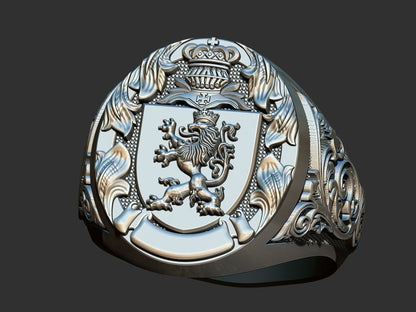 Lion And Roosters Coat of Arms Signet Silver 925 Men's Ring US7-15 Animal Lover