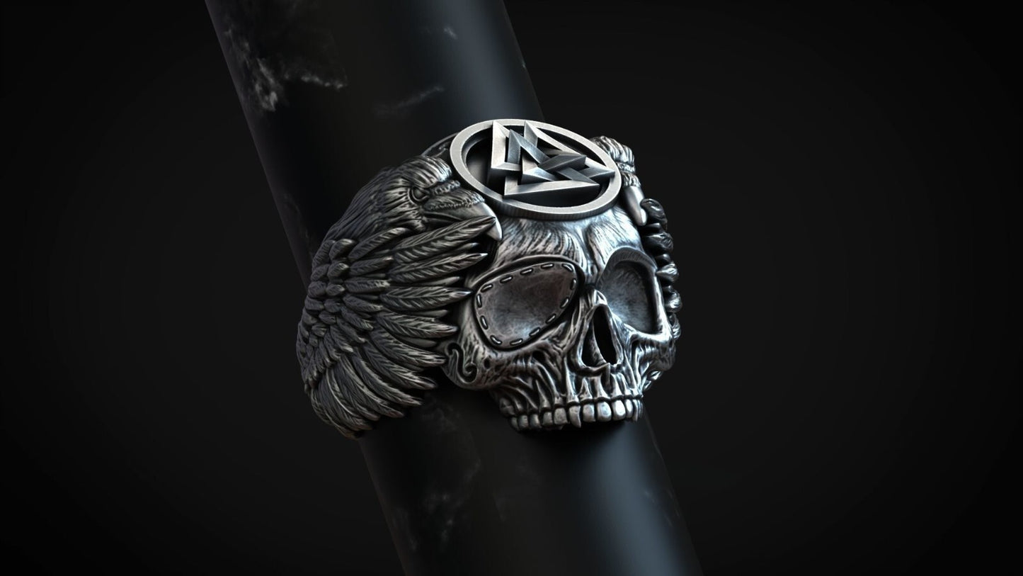 Viking Odin Ring Valknut Raven Skull Norse Warrior Band Silver Skull Ring US5~15