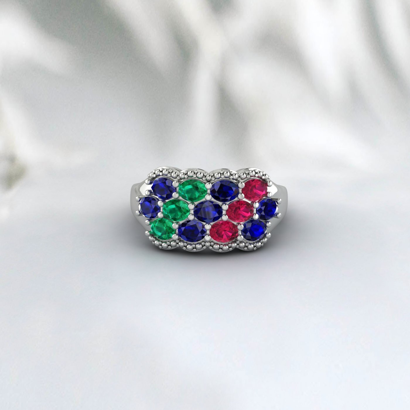 Natural Oval Cut Blue Sapphire 925 Sterling Silver Ruby & Emerald Antique Ring 