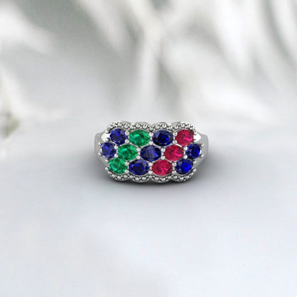 Natural Oval Cut Blue Sapphire 925 Sterling Silver Ruby & Emerald Antique Ring 