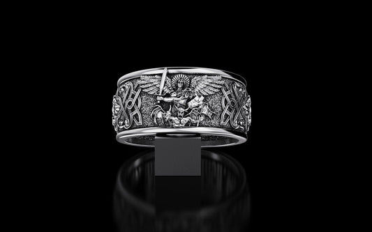 925 Silver Saint Michael Archangel Cross Sword Ring US5~ 15 Catholic Signet Ring