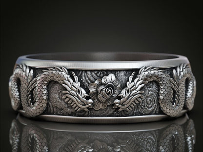 Silver Men's Ring Dragon Spinner Wedding Band Dragon Flower Women Ring US5~15