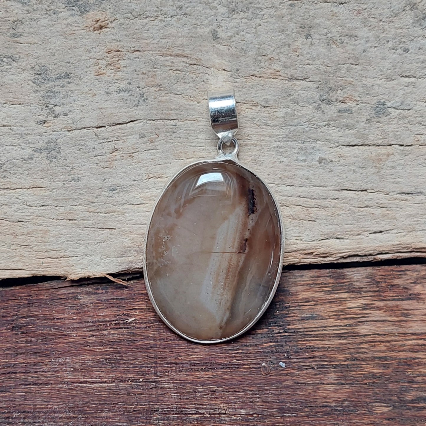 925 Sterling Silver Oval Natural Brown Banded Agate Pendant Wedding Gift