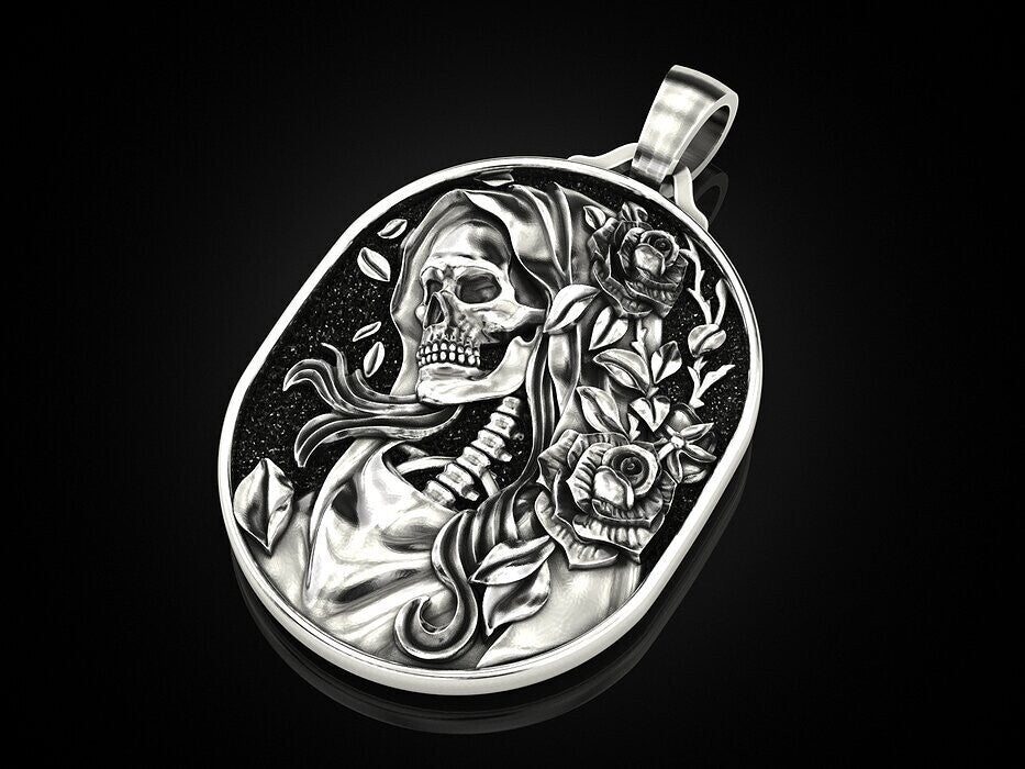 Skull Rose Serpent Pendant 925 Silver Skull Gothic Biker Necklace For Men Women
