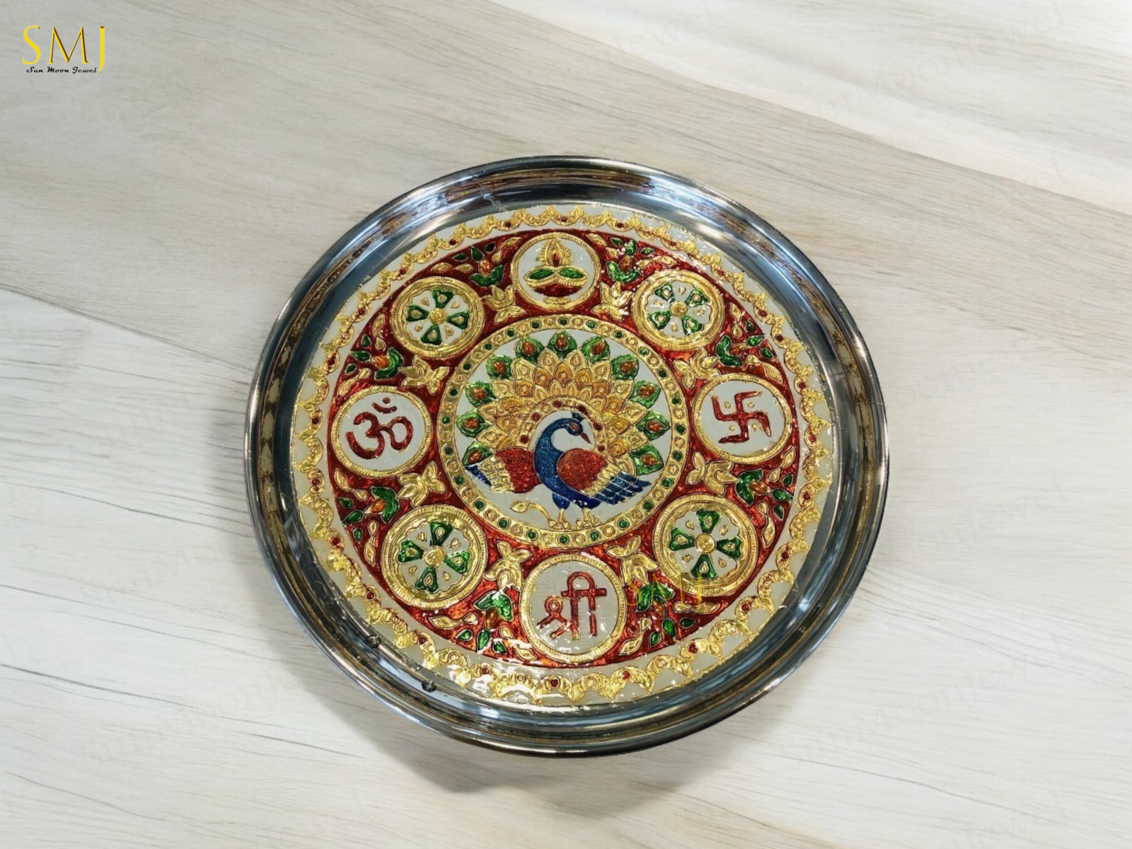 Meenakari Puja Thali with Diya Puja Thali Handcrafted For Home Office Temple Use