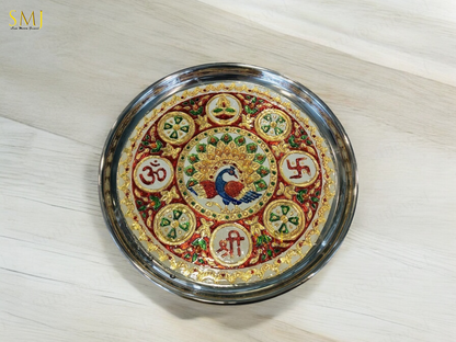 Meenakari Puja Thali with Diya Puja Thali Handcrafted For Home Office Temple Use
