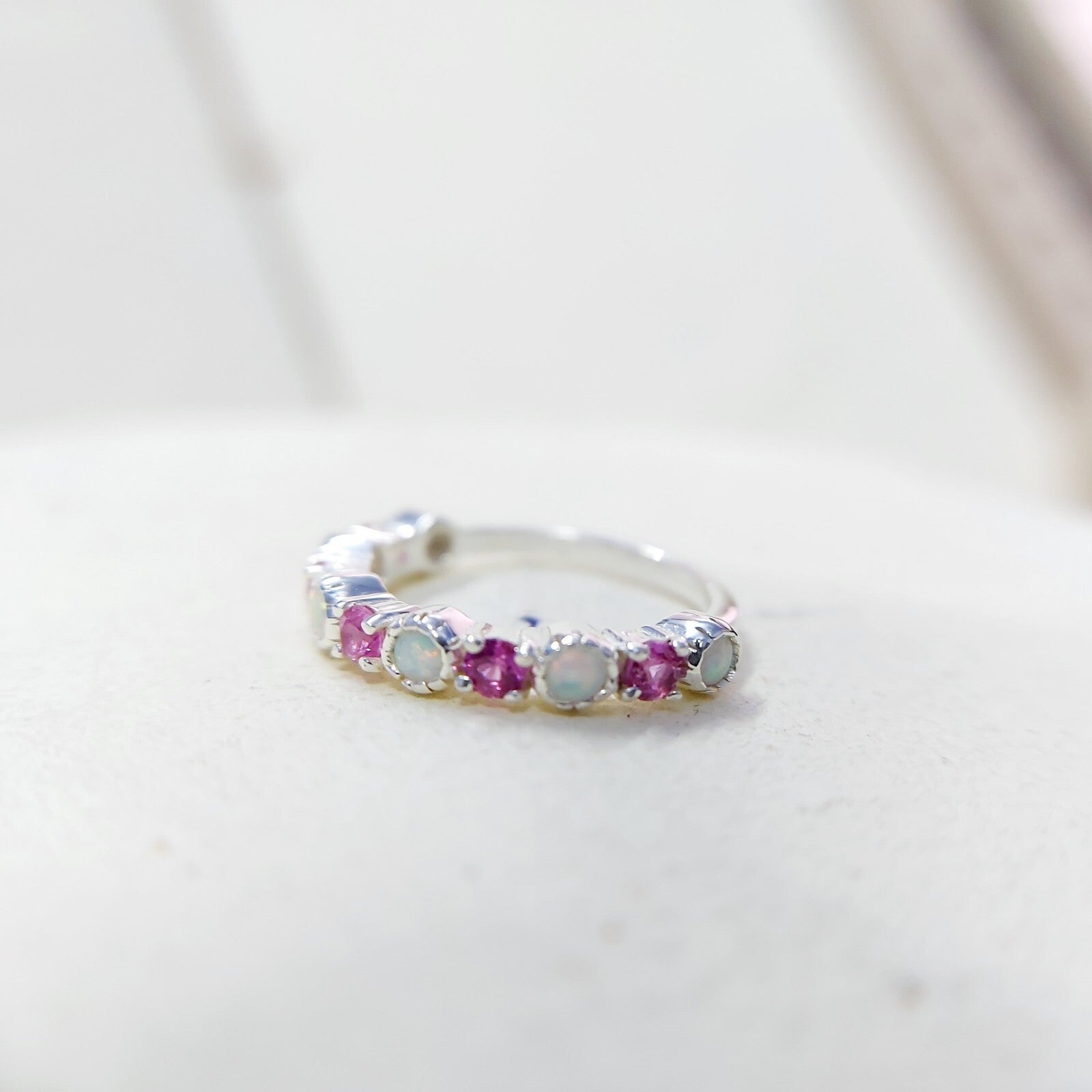 Opal and Ruby Wedding Ring Half Eternity Band Silver Stackable Band Gift Us5~ 15