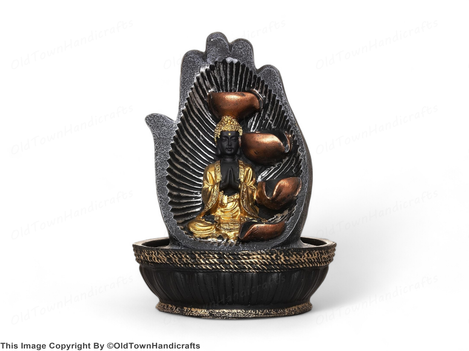 Polystone Gold Palm Buddha Water Fountain with LED Lights Home Decor Gift