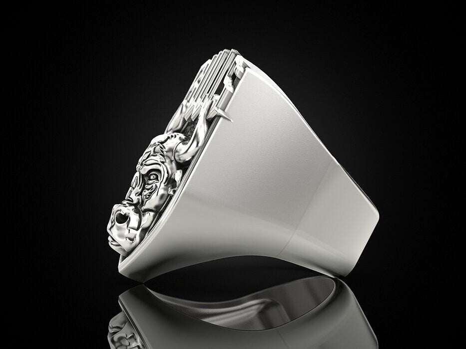 925 Sterling Silver Men's Bull Head Punk Vintage Biker Silver Bull Ring US7-15