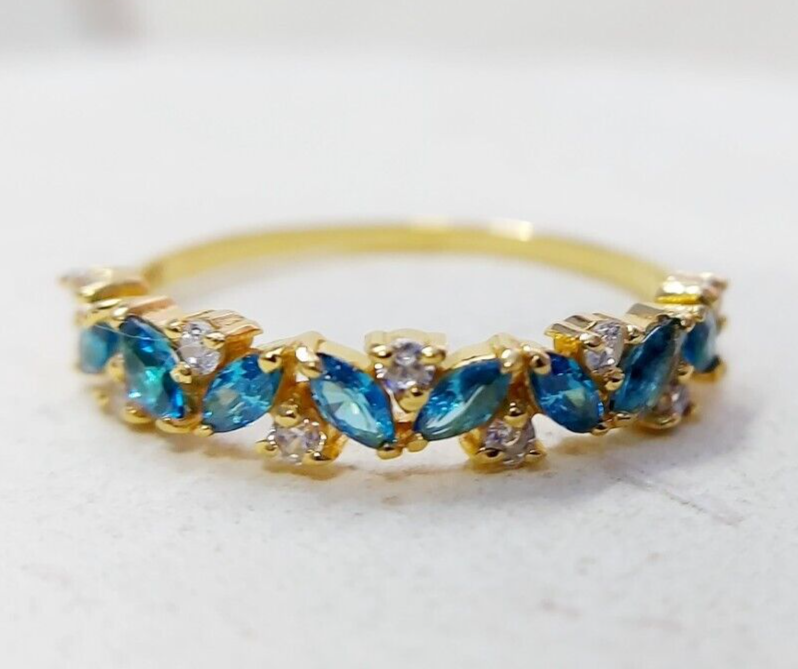 Marquise Blue Topaz Engagement Ring 925 Silver Handmade Band Wedding Band Us5~15