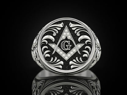 Mason Ring 925 Sterling Silver Freemason Square and Compasses Emblem Ring US7-15