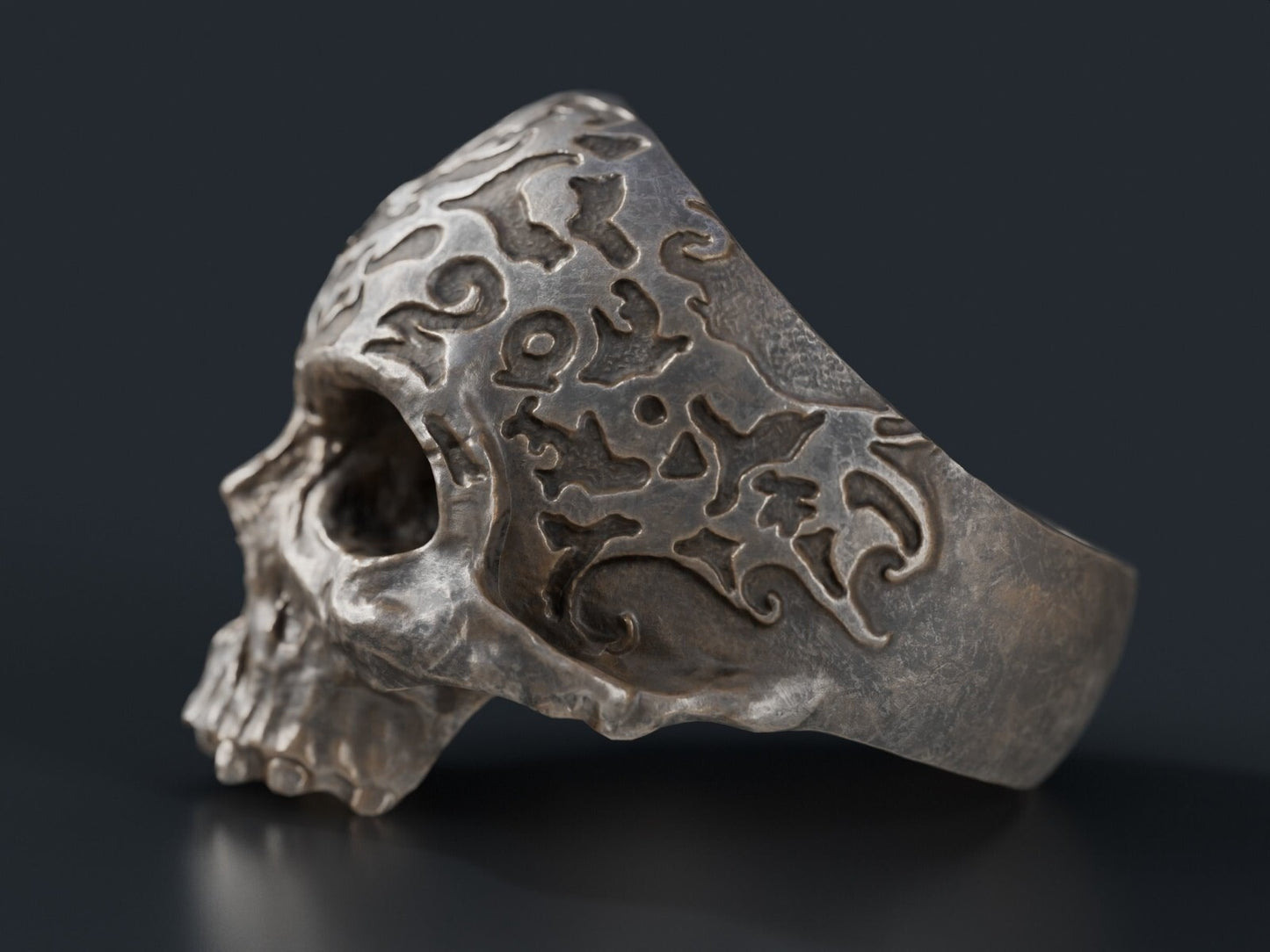 Retro Gothic Flower Carved Skull Ring Silver Skeleton Punk Signet Ring US5-15