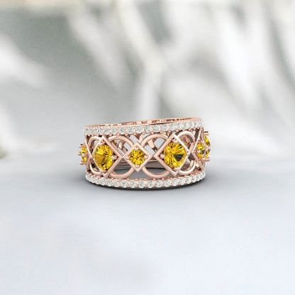 Natural Citrine Ring 925 Sterling Silver Rose Gold Wedding Band For Bride 