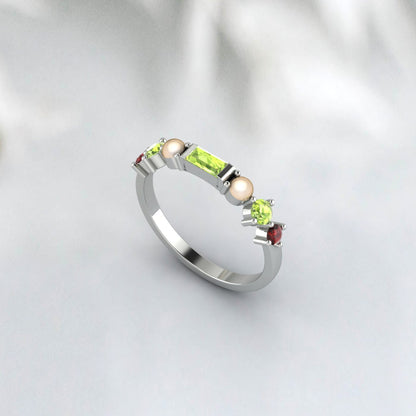 Natural Peridot, Pearl And Garnet Wedding Anniversary Ring 925 Sterling Silver