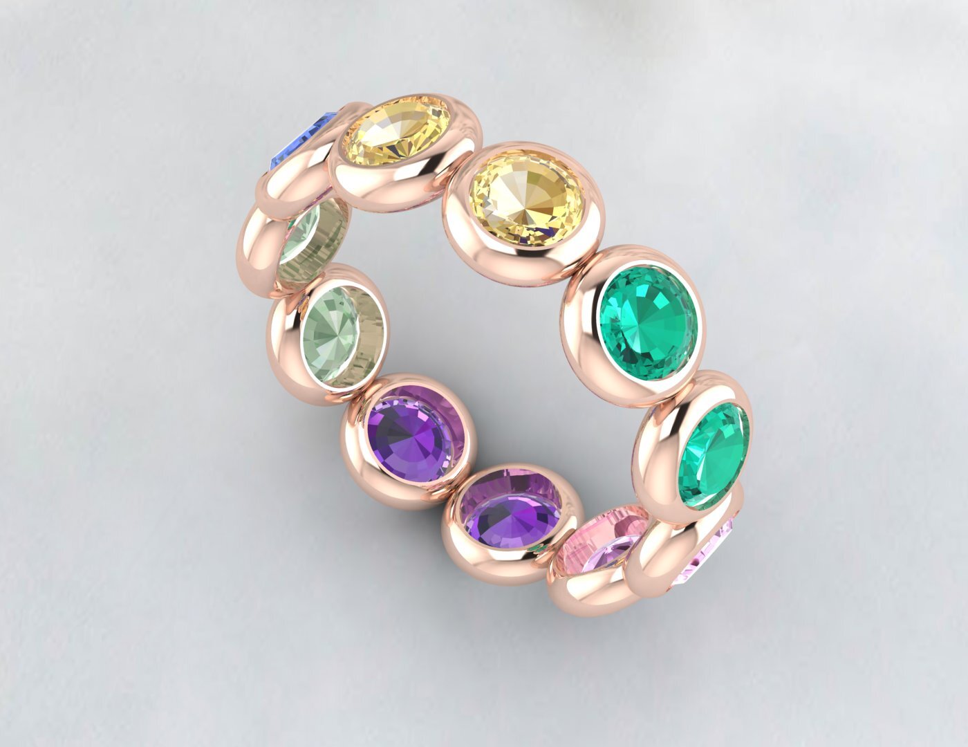 Natural Round Multi Gemstone Wedding Band Fine Silver Bezal Set Eternity Band