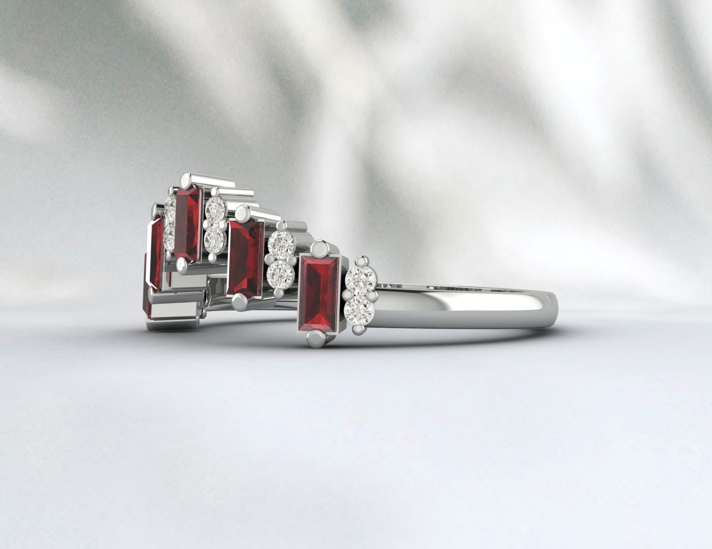 Natural Baguette Red Garnet Crown Wedding Band Fine Silver Daimond Stacking Band
