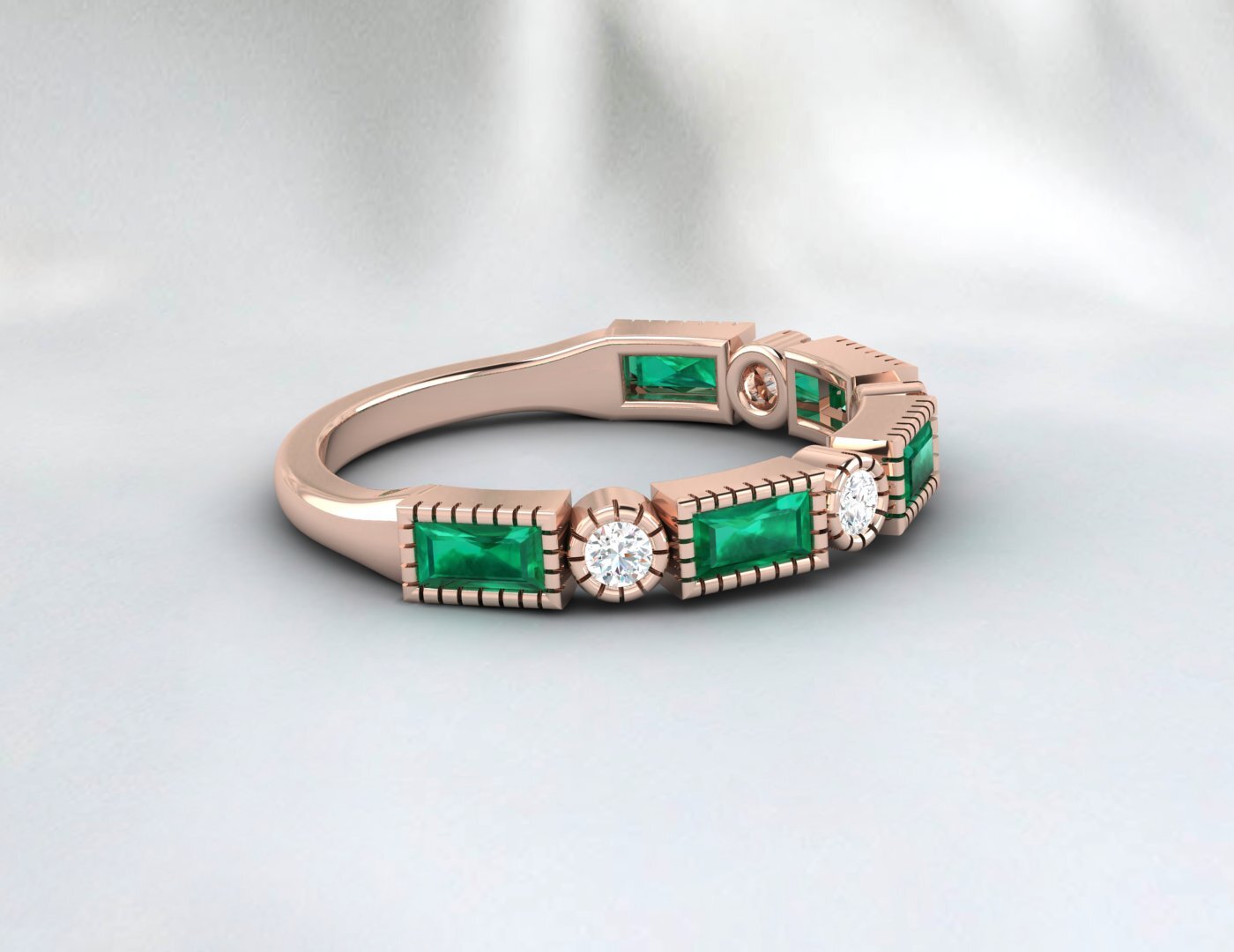 Baguette Cut Emerald & Cubic Zirconia Half Eternity Fine Silver Band Lab Created