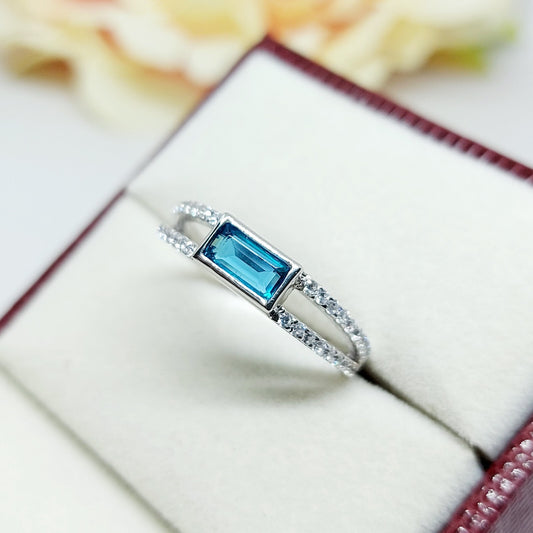 Silver Blue Tourmaline Baguette Shape Ring Women Birthstone Gift Ring Us5~ 15