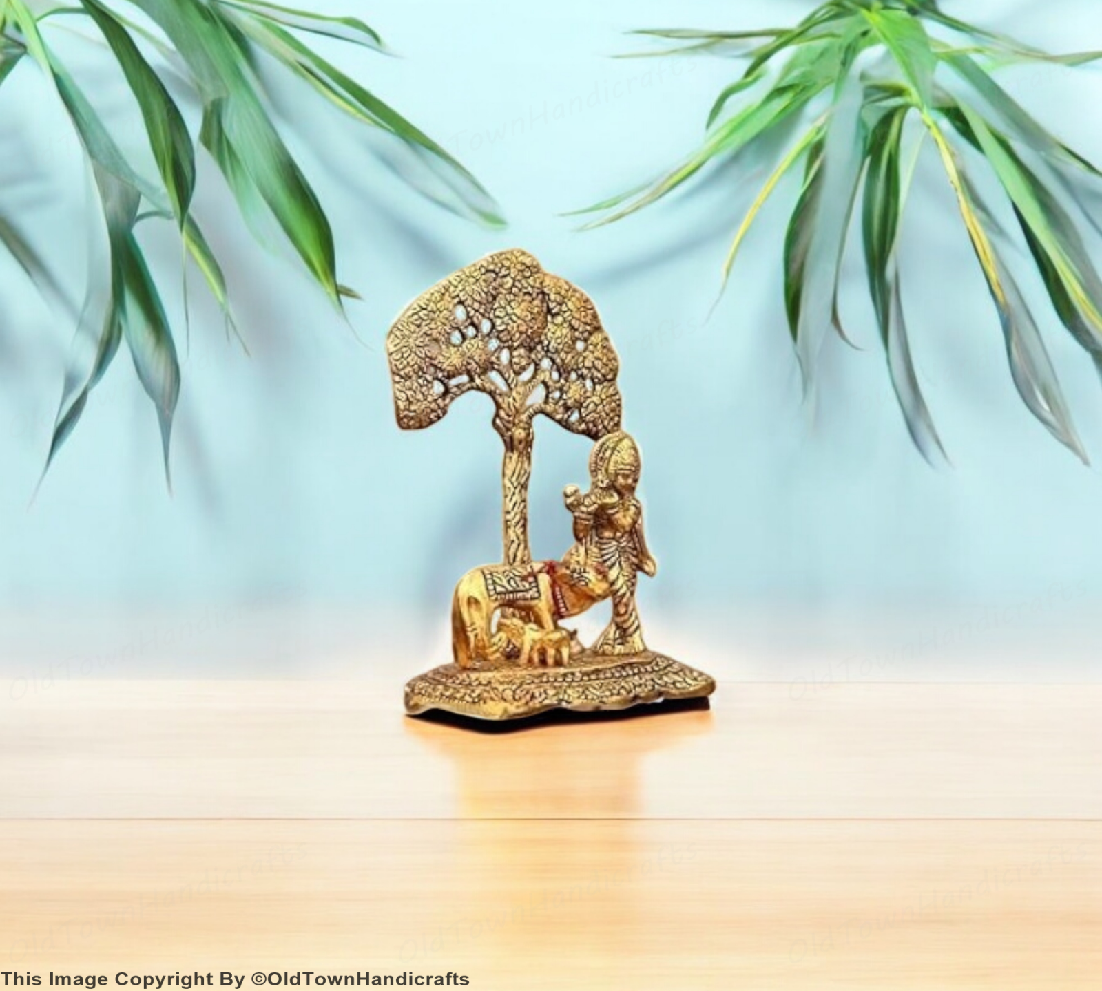Brass Finish Krishna Idol with Cow Under Tree 6" Statue for Home Office Decor