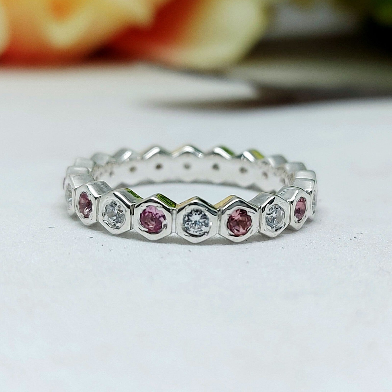 Natural Pink Tourmaline Eternity Band 925 Sterling Silver Wedding Band For Her