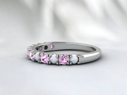 Natural Round Opal And Pink Sapphire Half Eternity Band Fine Silver Wedding Band