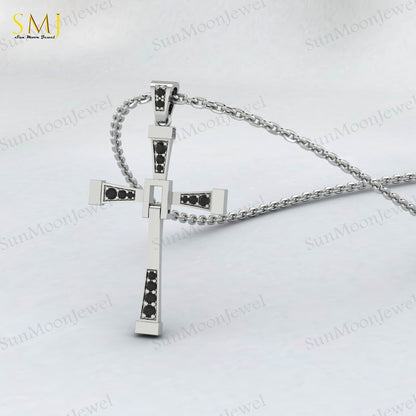925 Silver Natural Black Onyx Cross Necklace Religious Charm Pray Rosary Pendant