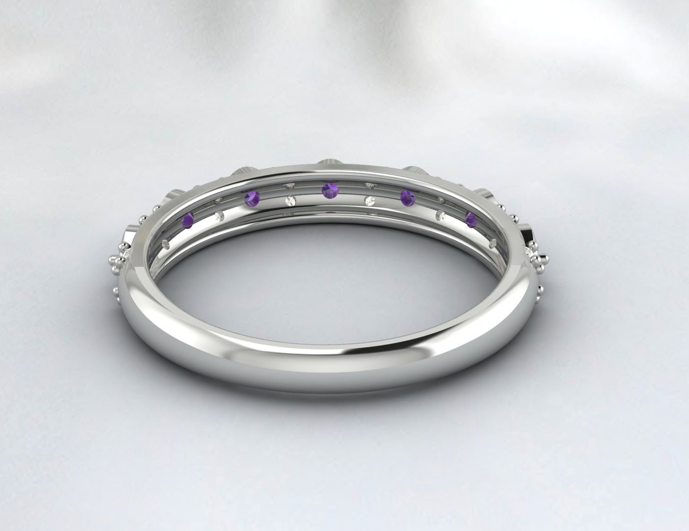 Natural Amethyst Cz Diamond Wedding Band Fine Silver Antique Unique Vintage Band