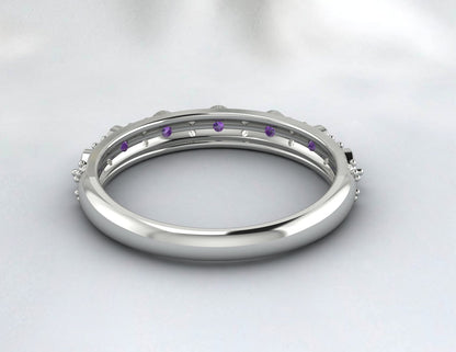 Natural Amethyst Cz Diamond Wedding Band Fine Silver Antique Unique Vintage Band