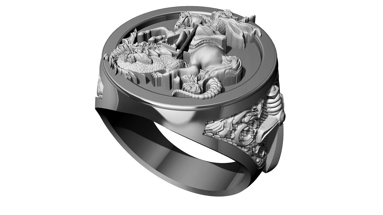 Saint George Cross Dragon Ring 925 Silver Signet Ring US5~15 Gift For Men Women