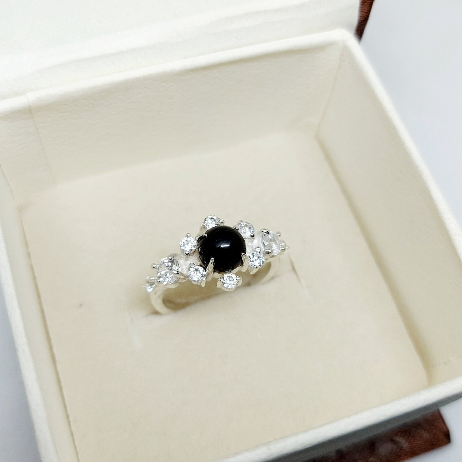 Natural Round Black Spinel Engagement Ring Cz Diamond 925 Sterling Silver Gift